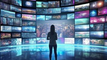 uma pessoa assistindo uma vídeo parede com multimídia imagens em diferente televisão telas. generativo ai foto