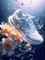 Esportes sapatos cercado de transparente flores, espirrando com água gotas, emitindo luz branco azul, ai generativo foto