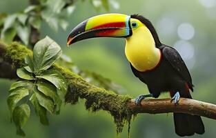 castanha mandíbula tucano sentado em a ramo dentro tropical chuva com uma verde selva. generativo ai foto