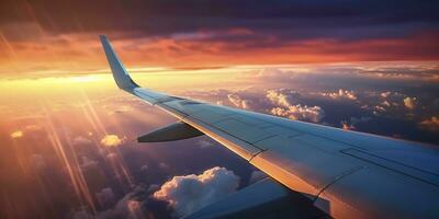 avião avião asa às pôr do sol Tempo através nuvens, ai generativo foto