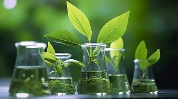biotecnologia conceito com verde plantar folhas, laboratório vidraria, e conduzindo pesquisar, ilustrando a poderoso combinação do natureza e Ciência dentro médico avanços. ai generativo foto