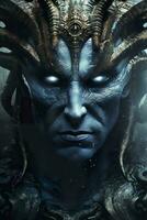a Deus Nêmesis com azul olhos em pé dentro frente, Sombrio bronze e luz azul, ai generativo foto