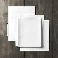 em branco branco papel Folha em de madeira mesa fundo. generativo ai foto