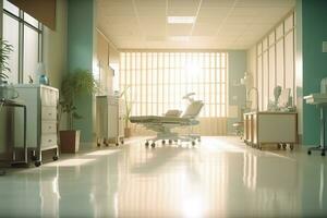 ideal cuidados de saúde fundo com surrealista embaçado hospital cena. ai generativo foto