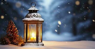 Natal lanterna em neve com abeto ramo dentro tarde cena. generativo ai foto