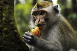 fechar acima do macaco comendo fruta dentro a selva. generativo ai foto