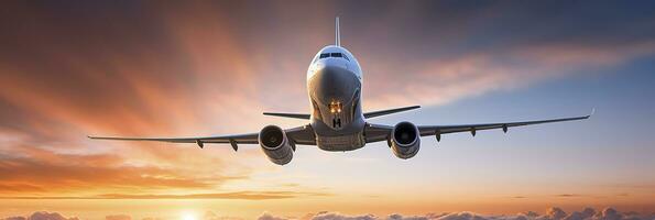 comercial avião vôo acima dramático nuvens durante pôr do sol. generativo ai foto