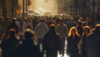 multidão do pessoas caminhando ocupado cidade rua retroiluminado. generativo ai foto