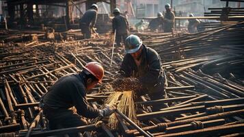 trabalhadores às uma aço fábrica dentro Xangai. ai generativo foto