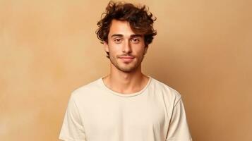 jovem homem com encaracolado cabelo vestindo uma branco t - camisa. generativo ai foto