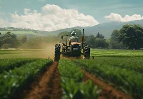 agrícola trator com acessórios drives através Fazenda campo e agrícola fundo. generativo ai foto