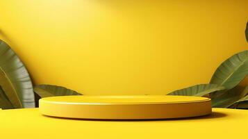 amarelo volta mesa com verde folhas em uma amarelo fundo. ai generativo foto