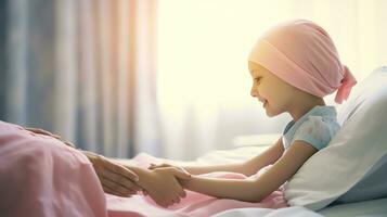 uma pequeno menina dentro uma Rosa chapéu é deitado dentro cama. ai generativo foto