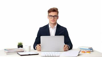 uma homem dentro óculos sentado às uma escrivaninha com uma computador portátil. ai generativo foto