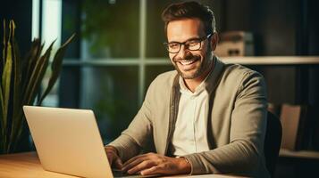 uma sorridente homem dentro óculos é trabalhando em dele computador portátil. ai generativo foto