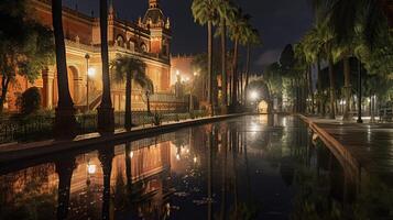 noite Visão do Alcazar do sevilha. generativo ai foto