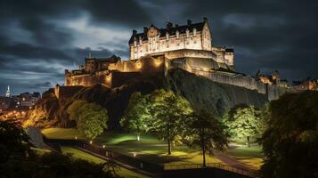 noite Visão do Edimburgo castelo. generativo ai foto