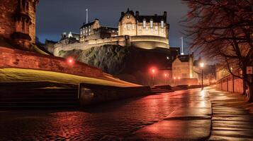 noite Visão do Edimburgo castelo. generativo ai foto