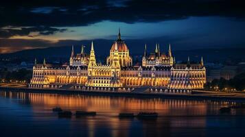 noite Visão do Budapeste parlamento. generativo ai foto