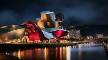 noite Visão do guggenheim museu bilbao. generativo ai foto