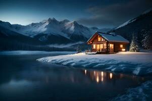 inverno cena capturando a essência do uma imaculado coberto de neve vale aninhado entre majestoso neve limitado montanhas. ai gerado. foto