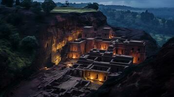 noite Visão do talhada na rocha igrejas do lalibela. generativo ai foto