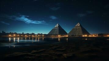 noite Visão do pirâmides do giza. generativo ai foto