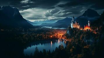 noite Visão do Neuschwanstein castelo. generativo ai foto