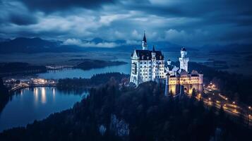 noite Visão do Neuschwanstein castelo. generativo ai foto