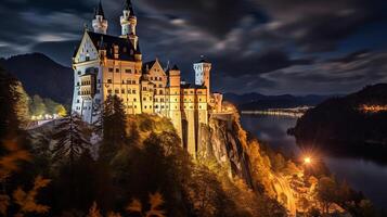 noite Visão do Neuschwanstein castelo. generativo ai foto