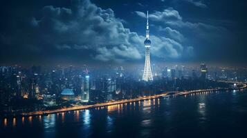 noite Visão do Tóquio árvore do céu. generativo ai foto