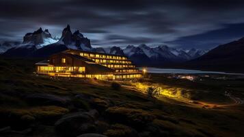 noite Visão do torres del paine hotel. generativo ai foto