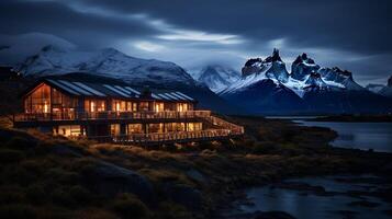 noite Visão do torres del paine hotel. generativo ai foto