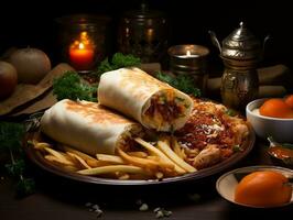 frango burrito com molho e fritas em uma prato ai generativo foto