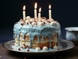azul e branco aniversário bolo com uma solteiro vela em uma azul fundo ai generativo foto