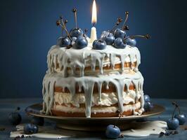 azul e branco aniversário bolo com uma solteiro vela em uma azul fundo ai generativo foto