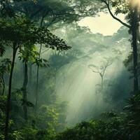 Amazonas floresta tropical dentro névoa dentro manhã claro. ai generativo foto