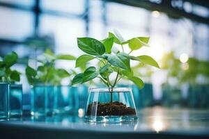 plantar pesquisar, verde plantar dentro uma vidro jarra dentro uma laboratório. ecológico Reprodução e plantar desenvolvimento. foto