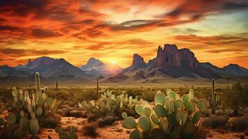 selvagem oeste texas deserto panorama com pôr do sol com montanhas e cactos. generativo ai foto