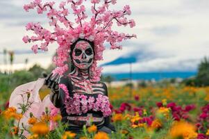 glorioso elegância dentro a coração do cholula cempasuchil Campos uma hipnotizante dia do a morto sessão de fotos, apresentando uma deslumbrante mulher transformado para dentro uma catrina, pagando para a tradição do morrer de muertos foto