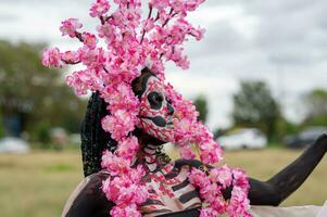 glorioso elegância dentro a coração do cholula cempasuchil Campos uma hipnotizante dia do a morto sessão de fotos, apresentando uma deslumbrante mulher transformado para dentro uma catrina, pagando para a tradição do morrer de muertos foto