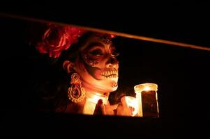 calavera Catrina sentado em uma trono. açúcar crânio inventar. dia de los mortos. dia do a morto. dia das Bruxas. foto