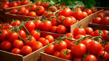recentemente escolhido tomate fruta a partir de jardim colocada dentro a caixas. generativo ai foto