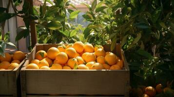 recentemente escolhido tangerina fruta a partir de jardim colocada dentro a caixas. generativo ai foto