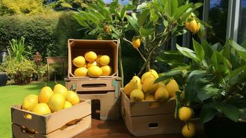 recentemente escolhido mundu fruta a partir de jardim colocada dentro a caixas. generativo ai foto