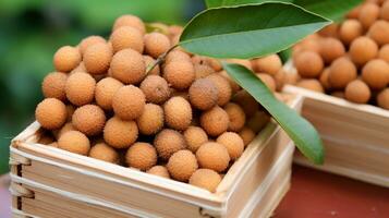 recentemente escolhido longan fruta a partir de jardim colocada dentro a caixas. generativo ai foto