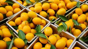 recentemente escolhido kumquat fruta a partir de jardim colocada dentro a caixas. generativo ai foto