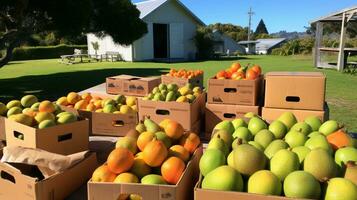 recentemente escolhido kiwamo fruta a partir de jardim colocada dentro a caixas. generativo ai foto