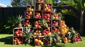 recentemente escolhido extravagante fruta a partir de jardim colocada dentro a caixas. generativo ai foto