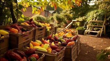 recentemente escolhido chocolate fruta a partir de jardim colocada dentro a caixas. generativo ai foto